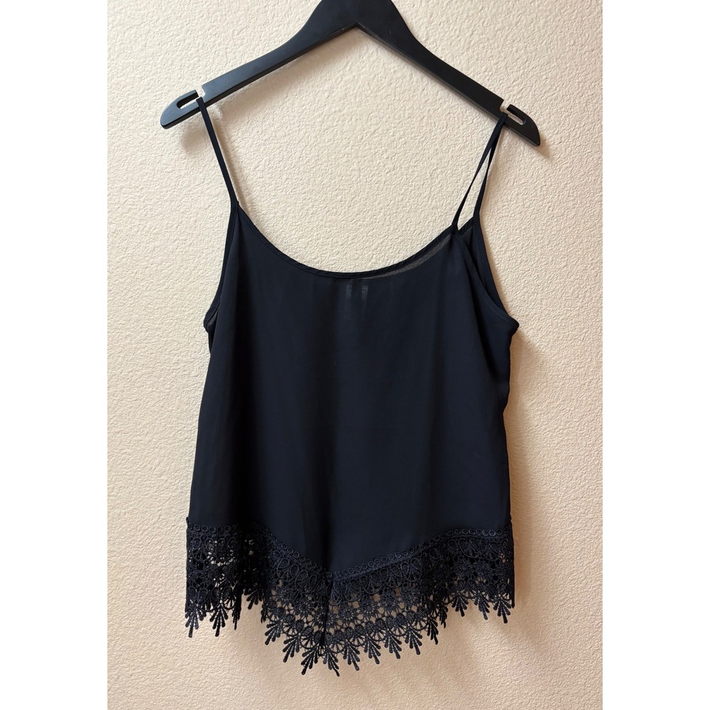 Nella Fantasia Black Chiffon Y2K Cami Top Crochet Lace Hem Medium Made in USAA